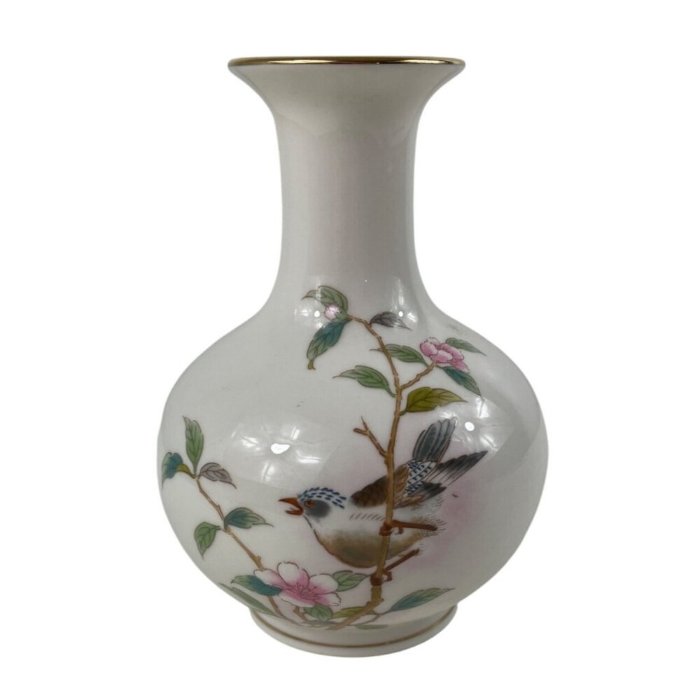 Yamaji Japan 6" Porcelain Vase Bird w/Cherry Blossoms